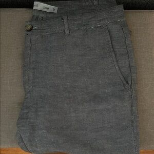 Slim Gray Textured Linen Pants